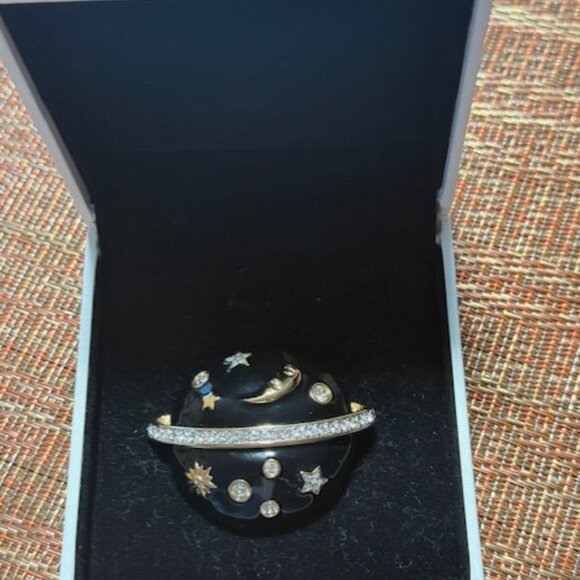 Swarovski Swan Signed Black Enamel Crystals Celestial Planet Brooch Stars Moon - Picture 10 of 12